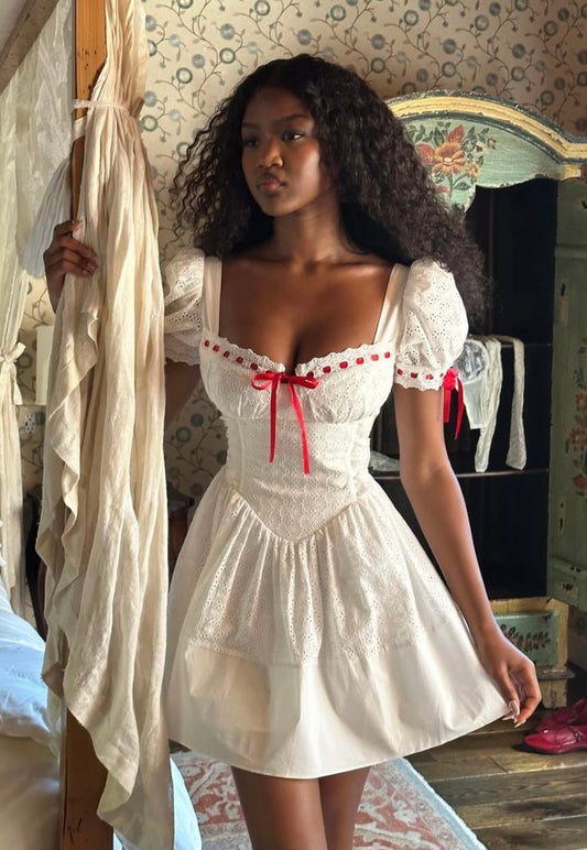 White bubble sleeve square collar slim A-line skirt homecoming dress R2519