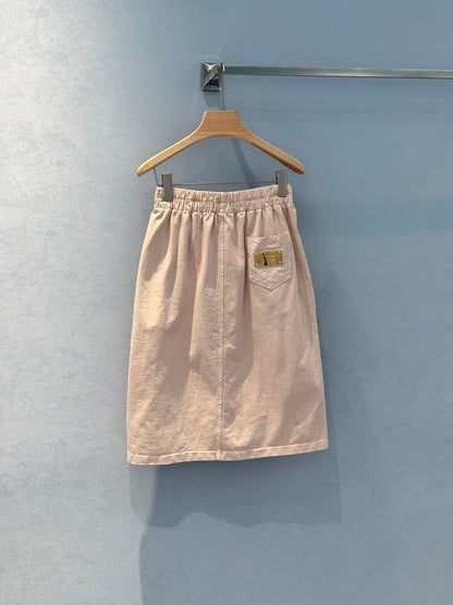 LV Designer Dress With Metal Logo Buttons Light Skirt Pink Cotton