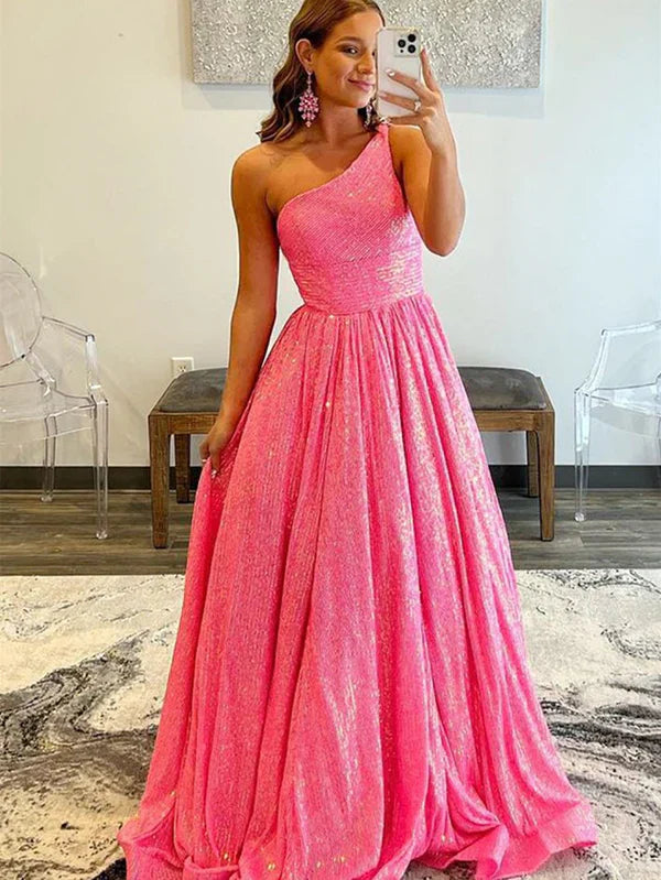 omberprom A-Line One Shoulder Evening Dress Sequins Prom Dress with Pockets