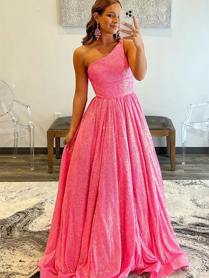 omberprom A-Line One Shoulder Evening Dress Sequins Prom Dress with Pockets