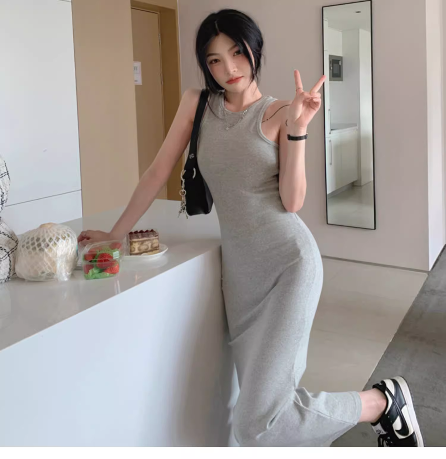 Simple Women Fashion Gray Black Halter Dress TP2988