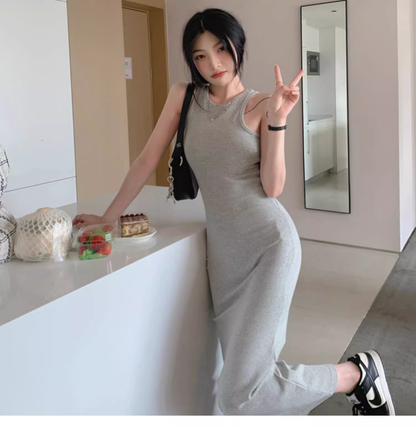 Simple Women Fashion Gray Black Halter Dress TP2988