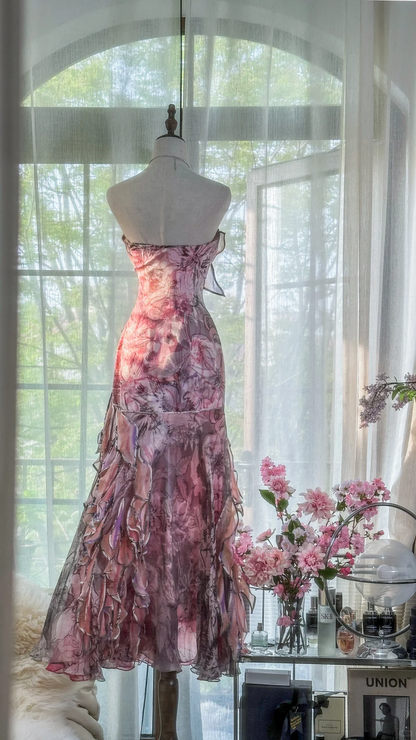 Vintage Floral Sweetheart Strapless Design A-line Romantic Chiffon Evening Dress Prom Dress TP4009
