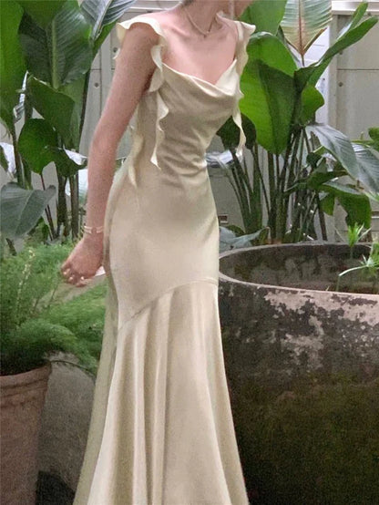 Vintage Sage Green Ruffle Mermaid Satin Long Prom Dress Party Dress Evening Dress TP4495