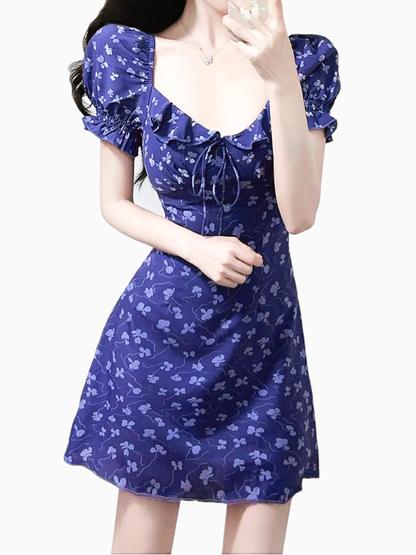 2025 Summer New Purple Floral Square Neck Puff Sleeve Retro A-line Short Dress R0949