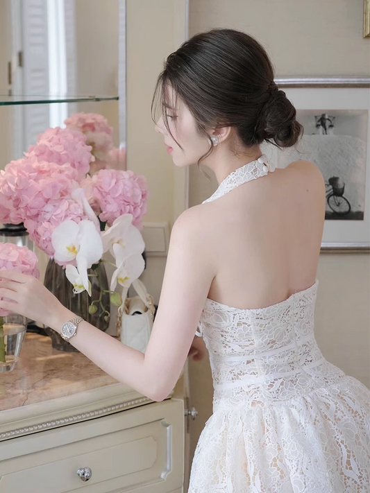 Vintage White V-neck Halter Dress Design A-line Lace Party Dress Homecoming Dress TP3826