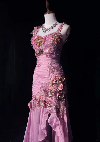 Glamorous Pink Floral Beaded Prom Dress Sheath Slit Evening Gown TP5166
