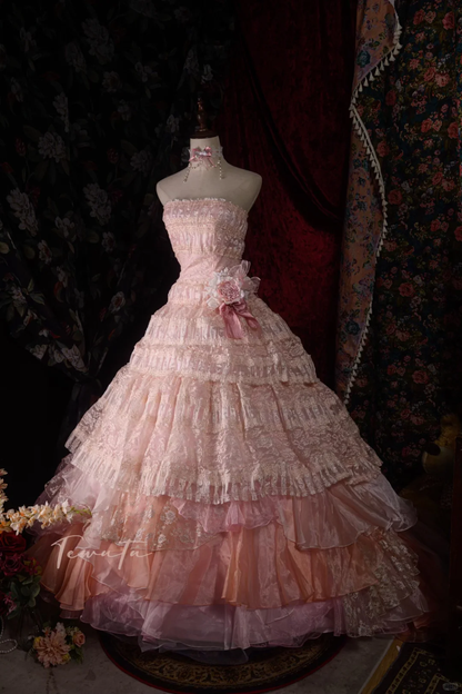 Vintage-Inspired Ruffled Pastel Pink Layered Lace A-Line Strapless Ball Gown TP5109