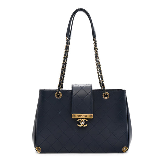 Lambskin Stitched Medium Around The Corner Shopping Tote Deep Marine
