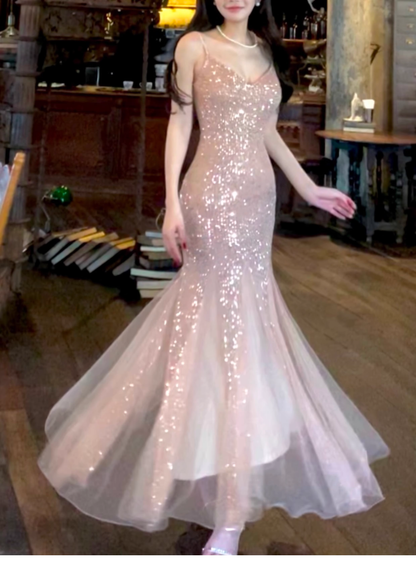 Vintage Pink Sequin Mermaid Spaghetti Strap V-neck Evening Dress Long Prom Dress TP4995