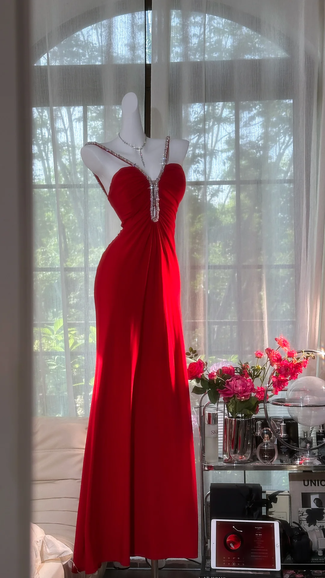 Retro Burgundy Sparkling Sequin Spaghetti Strap Romantic Sweetheart Evening Dress Prom Dresses TP3960