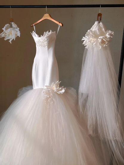 Gorgeous Satin Applique Strapless Mermaid Tulle Hem Wedding Dress TP5033