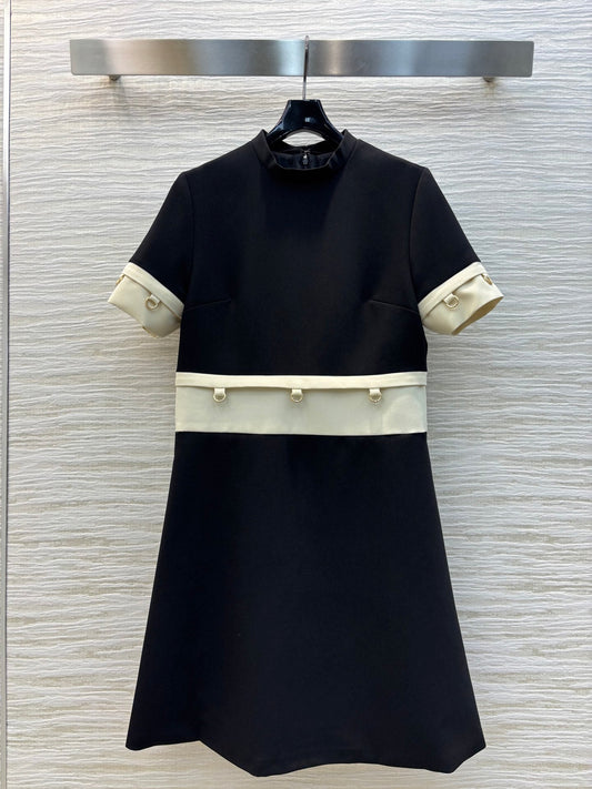 Prada 25 Patchwork Short-sleeved Dress Black mix Beige Cotton