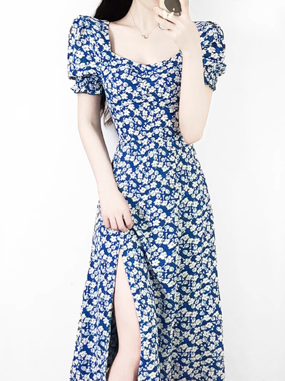 2025 Summer New French Square Neck Blue Temperament Floral Holiday Platycodon Dress R0940