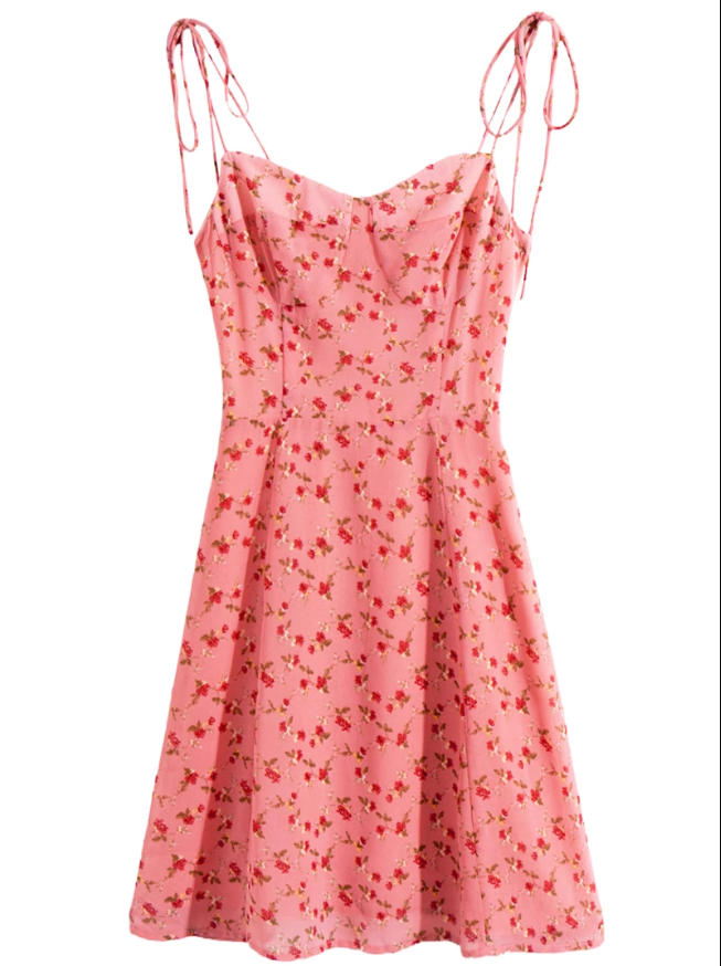 2025 Summer New Pink Floral Tube Top Lace-up Seaside Holiday Suspender Dress R0959