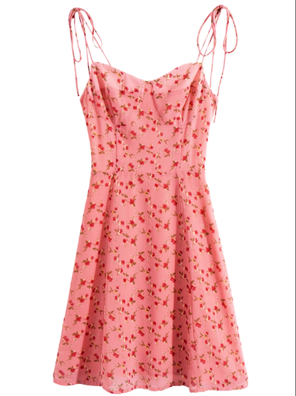 2025 Summer New Pink Floral Tube Top Lace-up Seaside Holiday Suspender Dress R0959