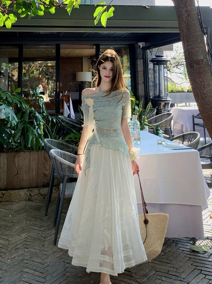 Fairy fake two-piece irregular halter neck short-sleeved T-shirt complete skirt suit R1757