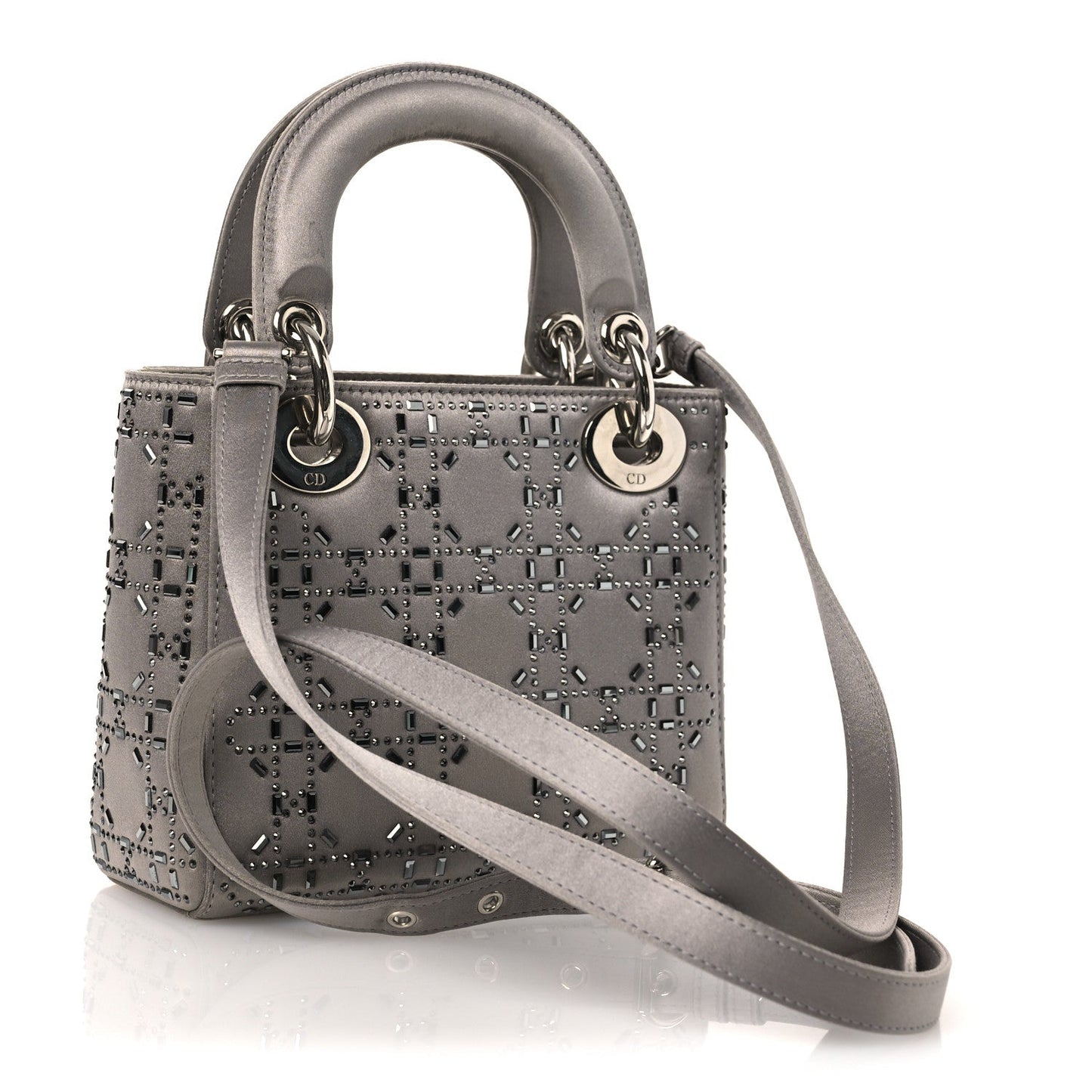 Satin Crystal Cannage Mini Lady Dior Gray