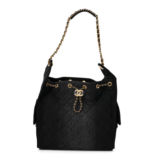 Washed Denim Quilted Medium Chanel 25 Handbag Black