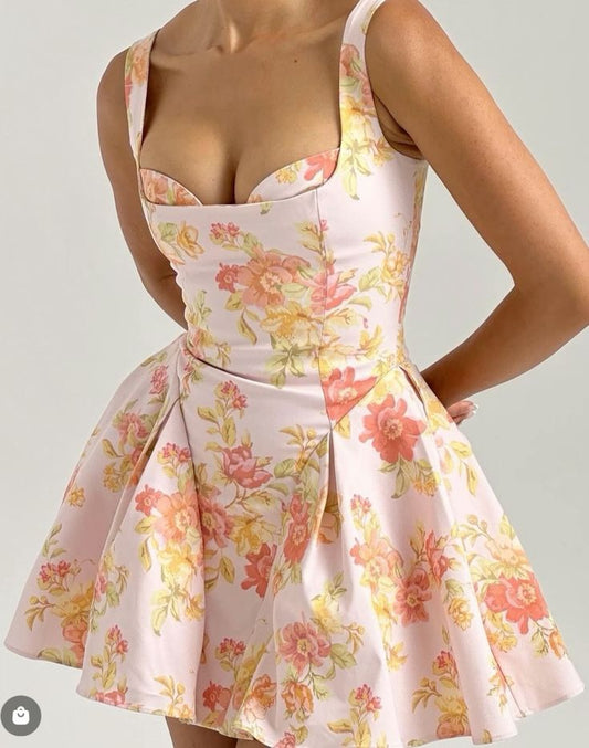 Retro floral white bottom suspender waist puffy princess dress homecoming dress R2942