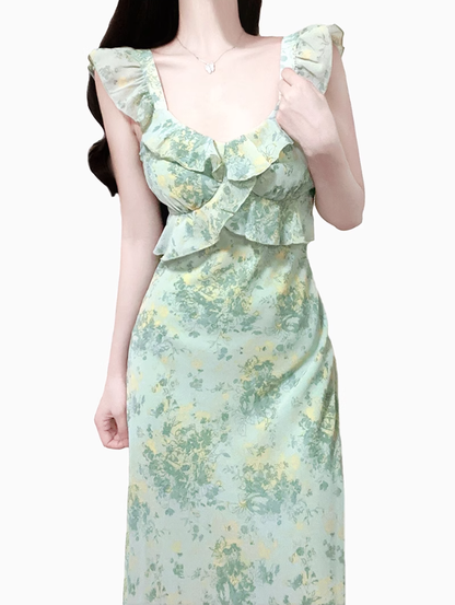 2025 Summer New Green Floral French Tea Break Seaside Vacation Long Dress R0975