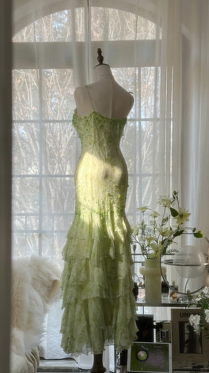 Elegant Green Fairy Mermaid Long Chiffon Spaghetti Strap Ball Gown Evening Dress Prom Dresses TP3967