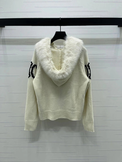CELINE 25S HOODED CARDIGAN WITH FUR TRIM 0089