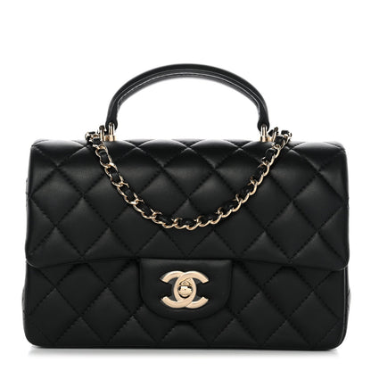 Lambskin Quilted Mini Top Handle Rectangular Flap Black