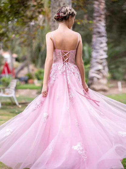 omberprom Fashion Deep V-Neck Applique Lace Floor Length Tulle Prom Dress