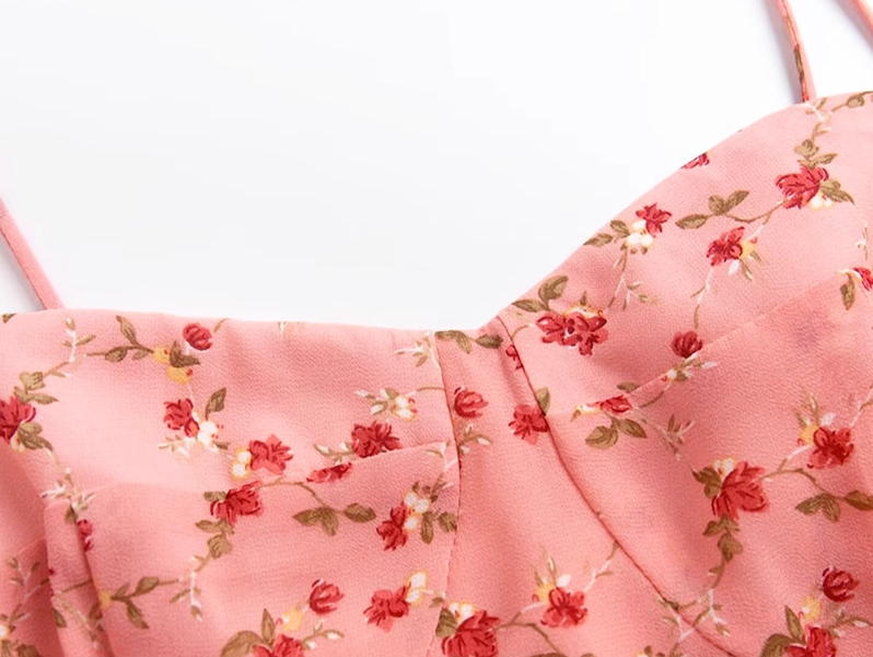 2025 Summer New Pink Floral Tube Top Lace-up Seaside Holiday Suspender Dress R0959