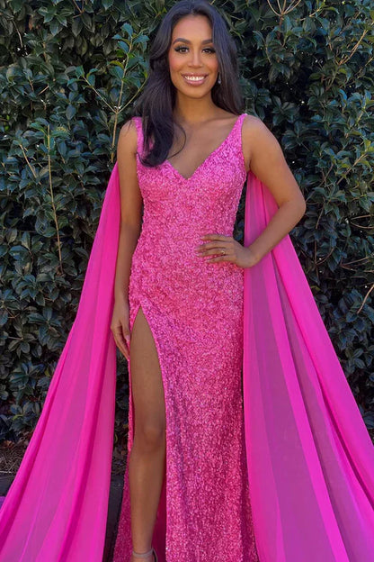 omberprom Mermaid Fashion Evening Dress V Neck Sequin Prom Dress with Slit