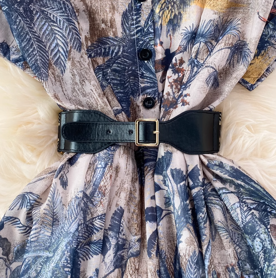2025 socialite temperament ink painting print waist lapel single-breasted A-line big swing dress R0341