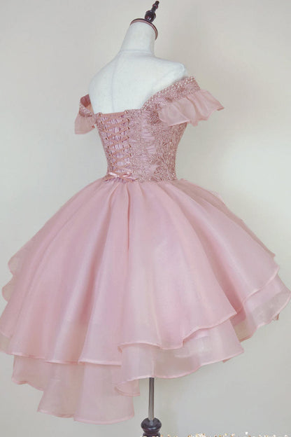 Pink Lace Homecoming Gown with Beading,Princess Off the Shoulder Hoco Dress