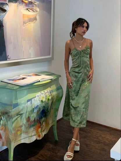 Vintag Green Satin Spaghetti Strap Prom Dress Party Dress Evening Dress TP4549
