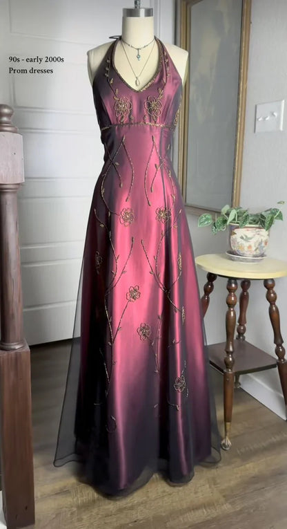 Vintage Fuchsia Chiffon Halter-neck A-Line Prom Dress Party Dress Evening Dress TP4550