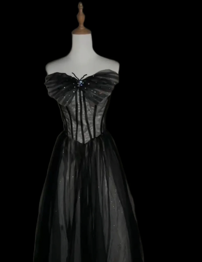 Dreamy Black A-Line Strapless Butterfly Tulle Long Ball Gown/Evening Dresses