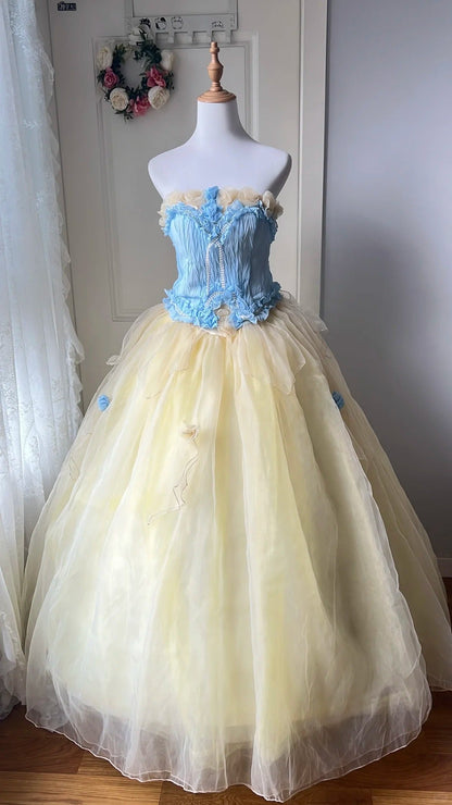 Dreamy Blue And Yellow Color-Blocked Strapless Tulle Ball Gown Evening Dresses Sweet 16Th Dresses