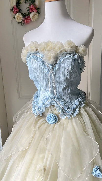 Dreamy Blue And Yellow Color-Blocked Strapless Tulle Ball Gown Evening Dresses Sweet 16Th Dresses