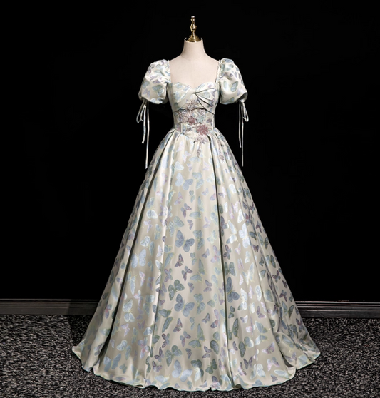 Dreamy Butterfly Jacquard Square Neck Puff Sleeve Satin Long Ball Gown Evening Dresses Sweet 16 Dresses