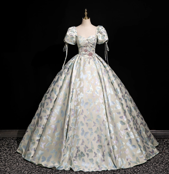 Dreamy Butterfly Jacquard Square Neck Puff Sleeve Satin Long Ball Gown Evening Dresses Sweet 16 Dresses