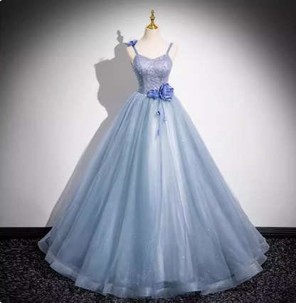 Dreamy Light Haze Blue Thin Strap 3D Floral Tulle Ball Gown Evening Dresses Sweet 16 Dresses