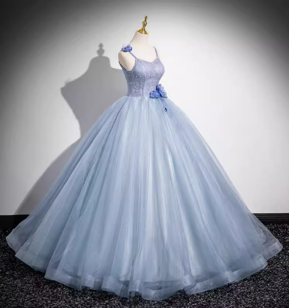 Dreamy Light Haze Blue Thin Strap 3D Floral Tulle Ball Gown Evening Dresses Sweet 16 Dresses