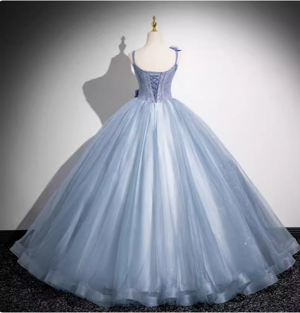 Dreamy Light Haze Blue Thin Strap 3D Floral Tulle Ball Gown Evening Dresses Sweet 16 Dresses