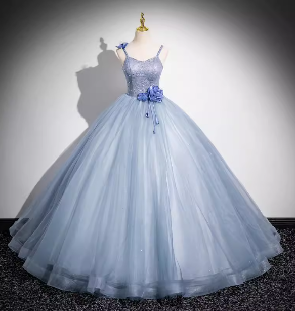 Dreamy Light Haze Blue Thin Strap 3D Floral Tulle Ball Gown Evening Dresses Sweet 16 Dresses