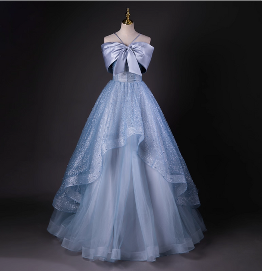 Dreamy Princess Blue Off-Shoulder Oversized Bow Tulle Long Ball Gown Evening Dresses Sweet 16 Dresses