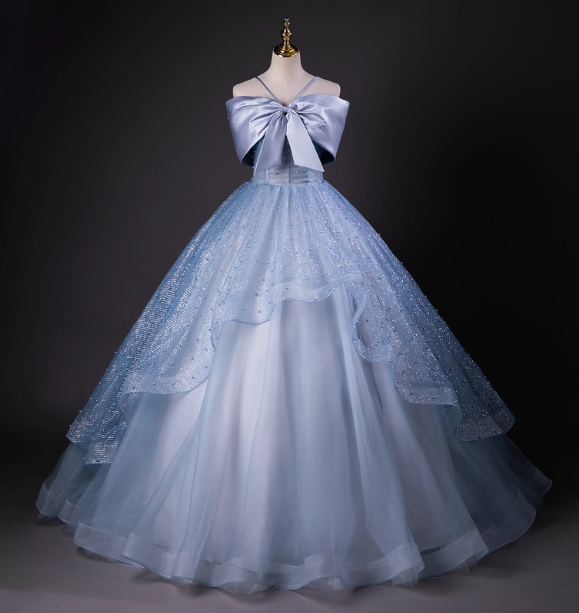 Dreamy Princess Blue Off-Shoulder Oversized Bow Tulle Long Ball Gown Evening Dresses Sweet 16 Dresses