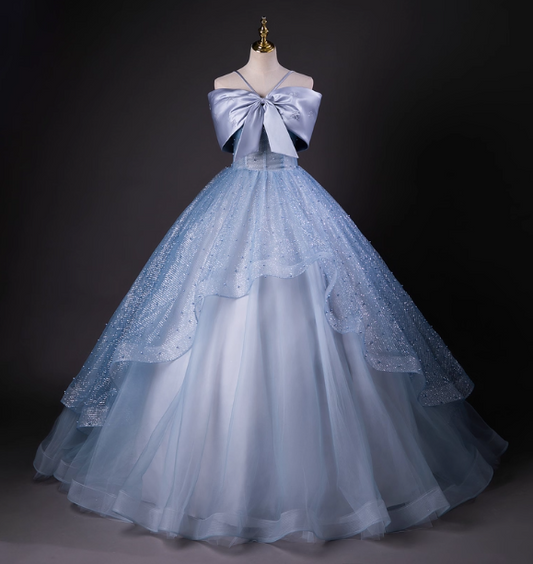 Dreamy Princess Blue Off-Shoulder Oversized Bow Tulle Long Ball Gown Evening Dresses Sweet 16 Dresses