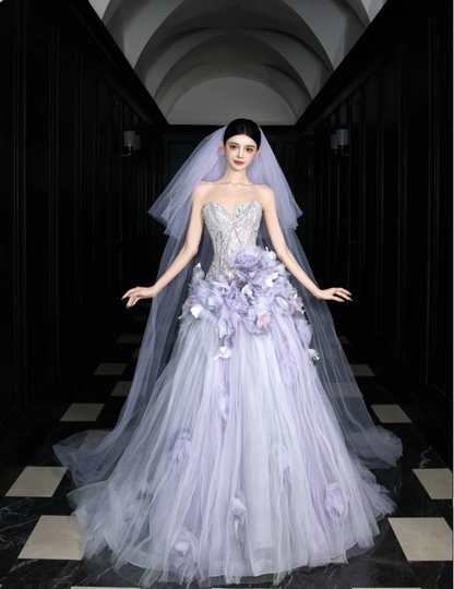 Dreamy Purple Strapless 3D Floral Tulle Train Ball Gown Evening Dresses