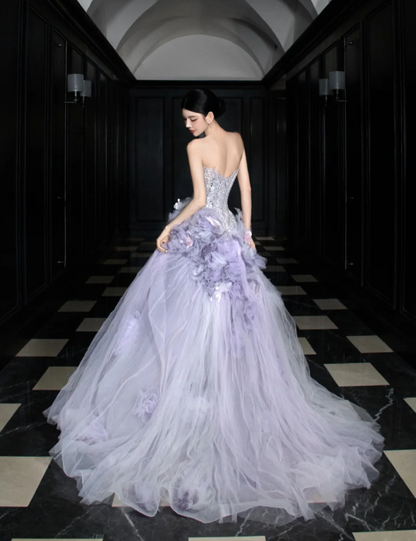 Dreamy Purple Strapless 3D Floral Tulle Train Ball Gown Evening Dresses