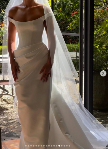 Dreamy Wedding Dress Sheath Off The Shoulder White Satin Summer Long Wedding Dresses Bridal Gown